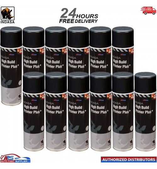 12x INDASA HIGH BUILD PRIMER+ AEROSOL BLACK SPRAY PAINT 500ML